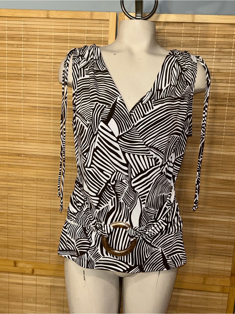 Candies vintage Y2K brown white abstract sleeveless blouse top belt ring XL
